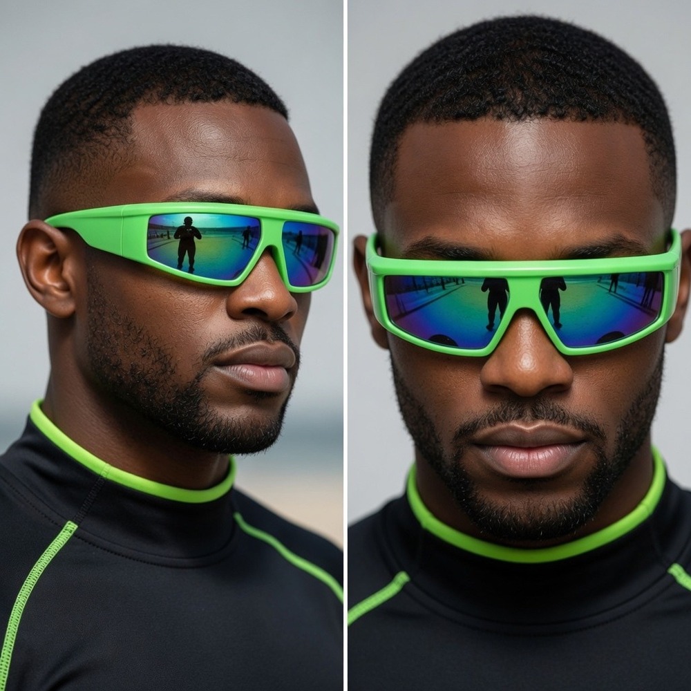 Futuristic Y2K Sunglasses Green Frame‎ Blue Mirrored Lens Sport Rave Fishing Men
